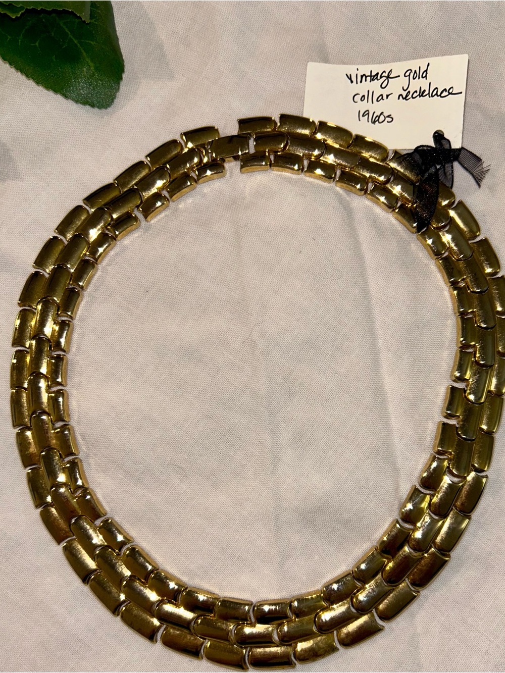 Vtg 1960s Gold Tone Segmented Brick Link Choker Collar Necklace Cleo Style